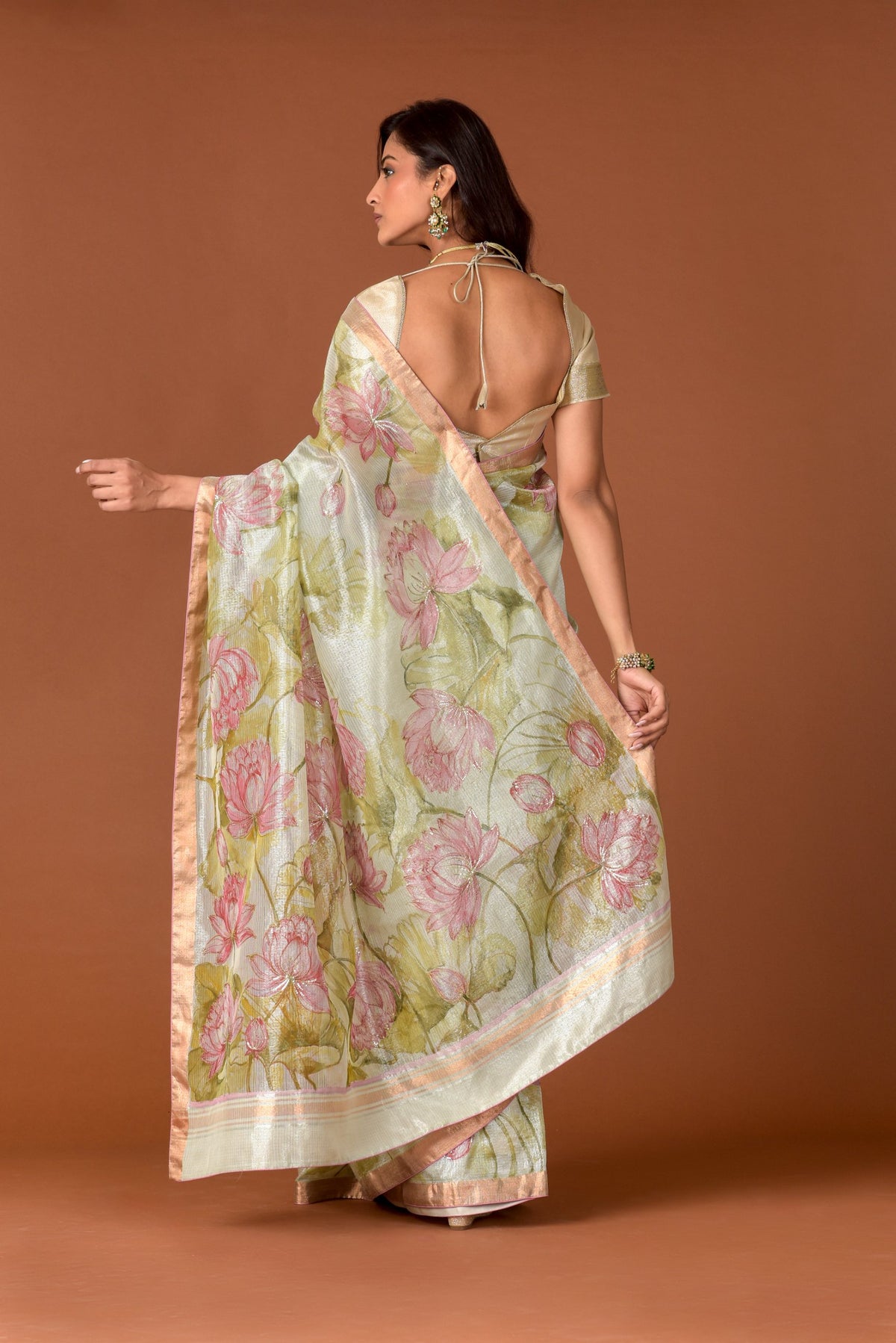Kota Tissue Saree – Silver | Hand-Painted Lotus Garden with Sequin Highlights | Rose Gold Zari Border | Luxury Artisan Festive Saree