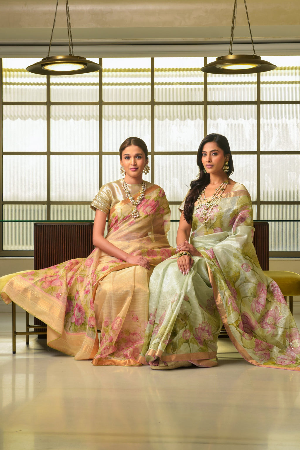 Kota Tissue Saree – Silver | Hand-Painted Lotus Garden with Sequin Highlights | Rose Gold Zari Border | Luxury Artisan Festive Saree