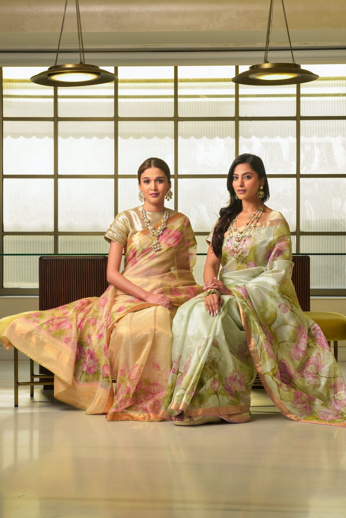 Kota Tissue Saree – Silver | Hand-Painted Lotus Garden with Sequin Highlights | Rose Gold Zari Border | Luxury Artisan Festive Saree