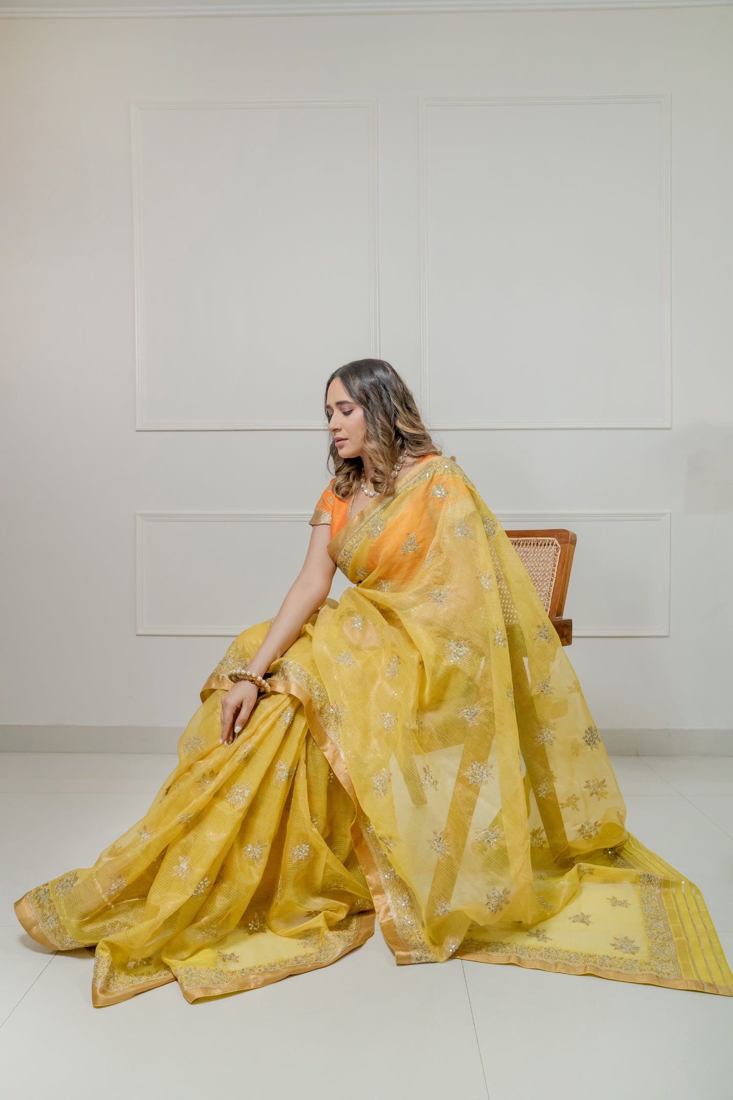 Kota Tissue Silver Lily Flower Border with Buti Saree