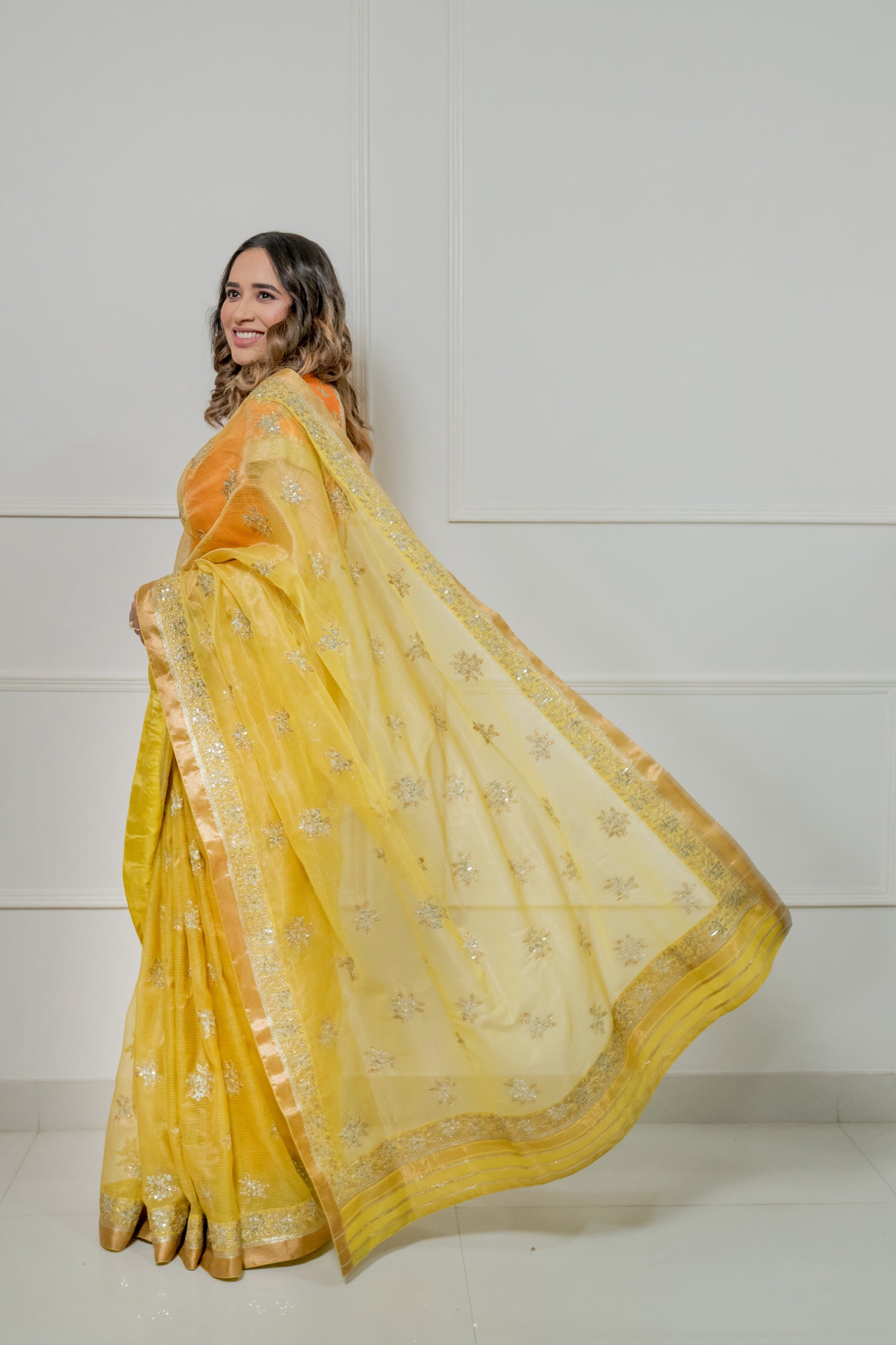 Kota Tissue Silver Lily Flower Border with Buti Saree