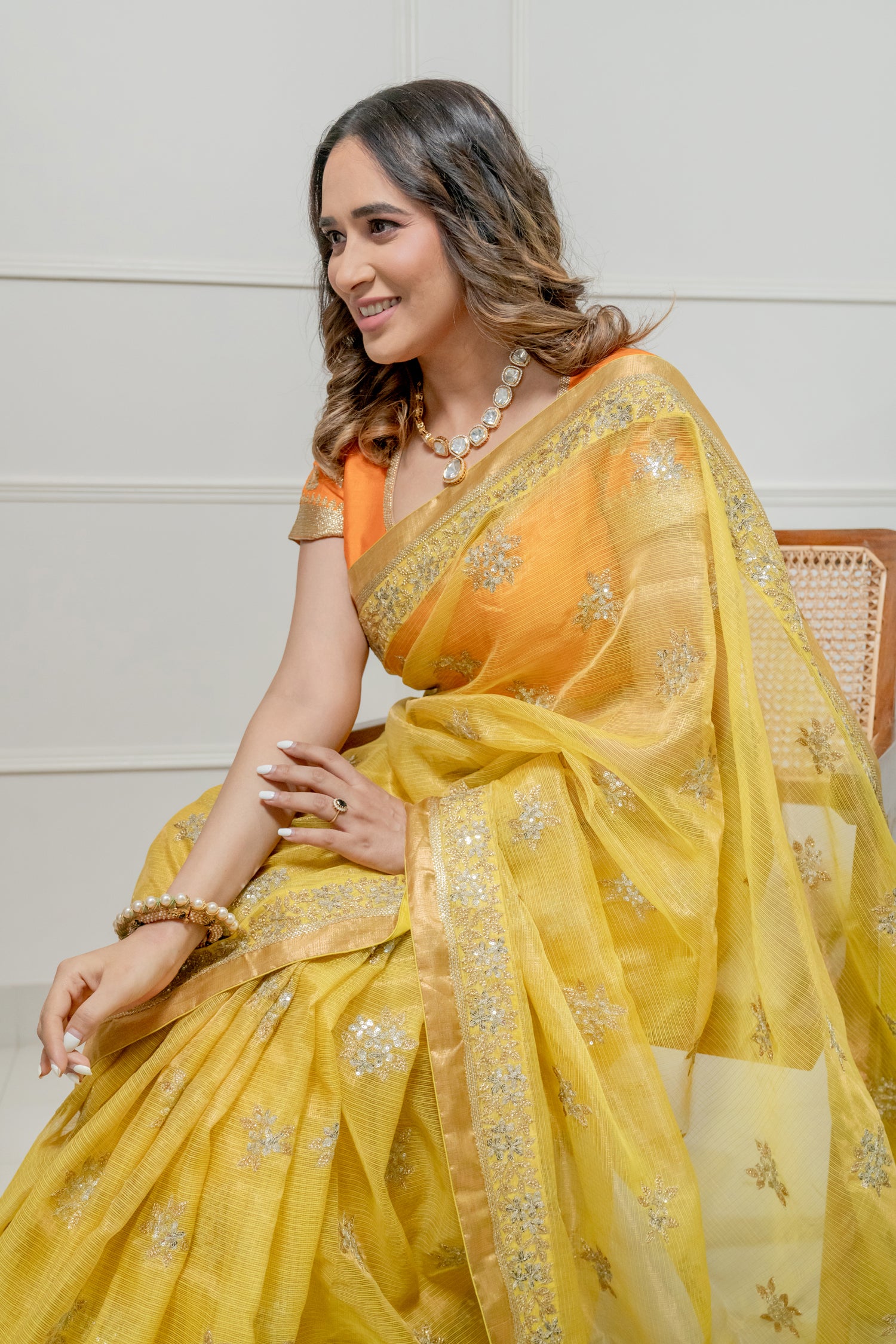 Kota Tissue Silver Lily Flower Border with Buti Saree