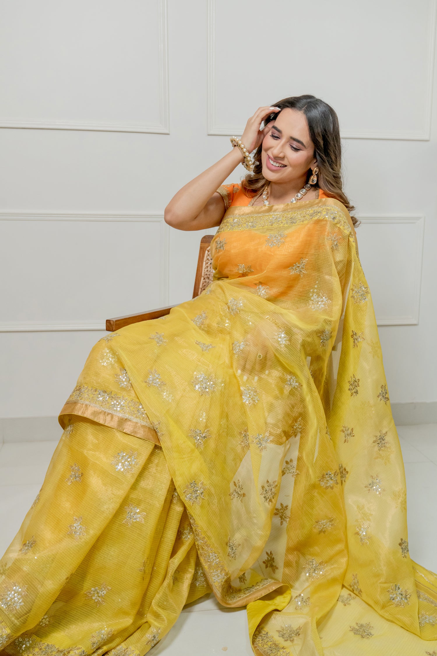 Kota Tissue Silver Lily Flower Border with Buti Saree