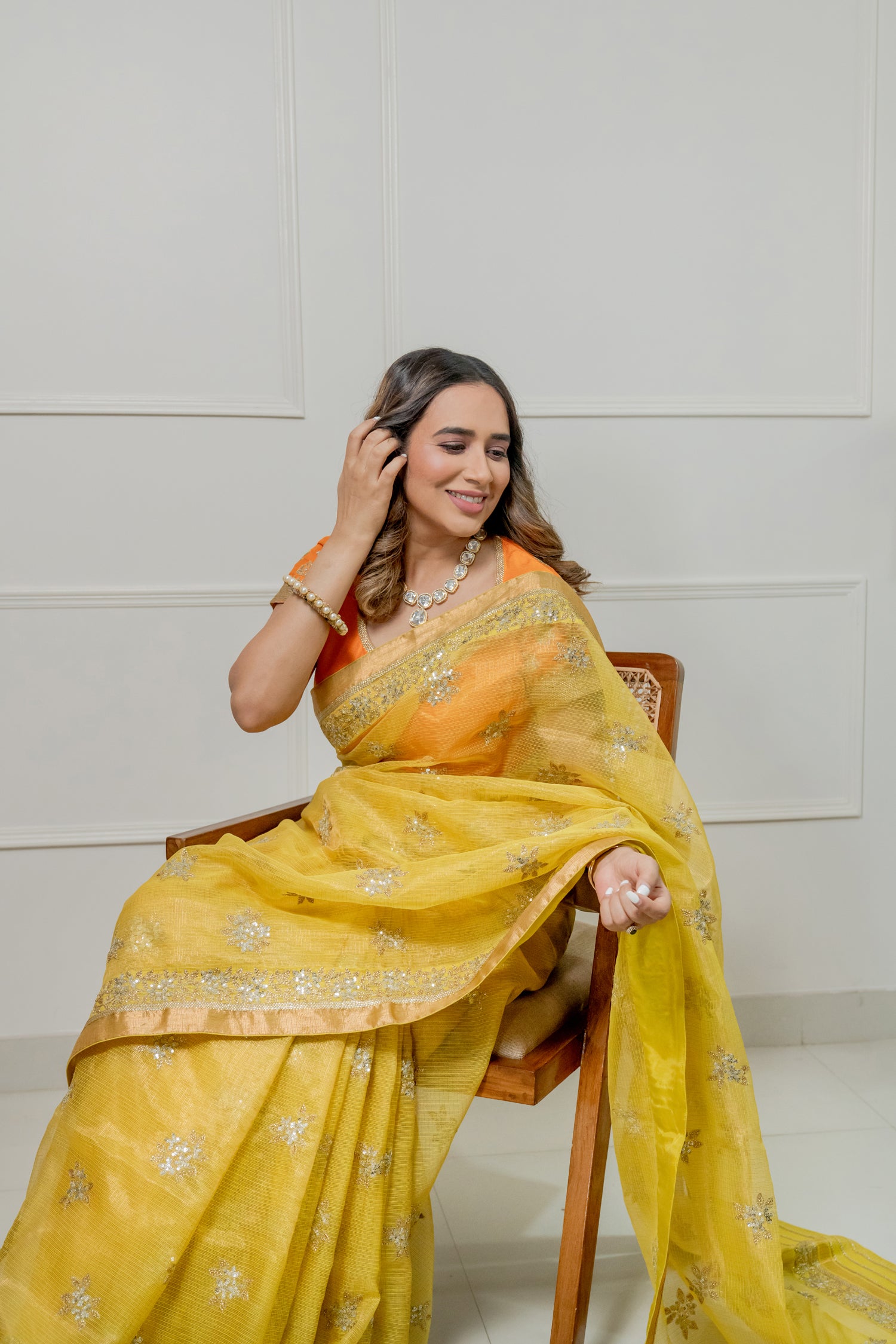 Kota Tissue Silver Lily Flower Border with Buti Saree