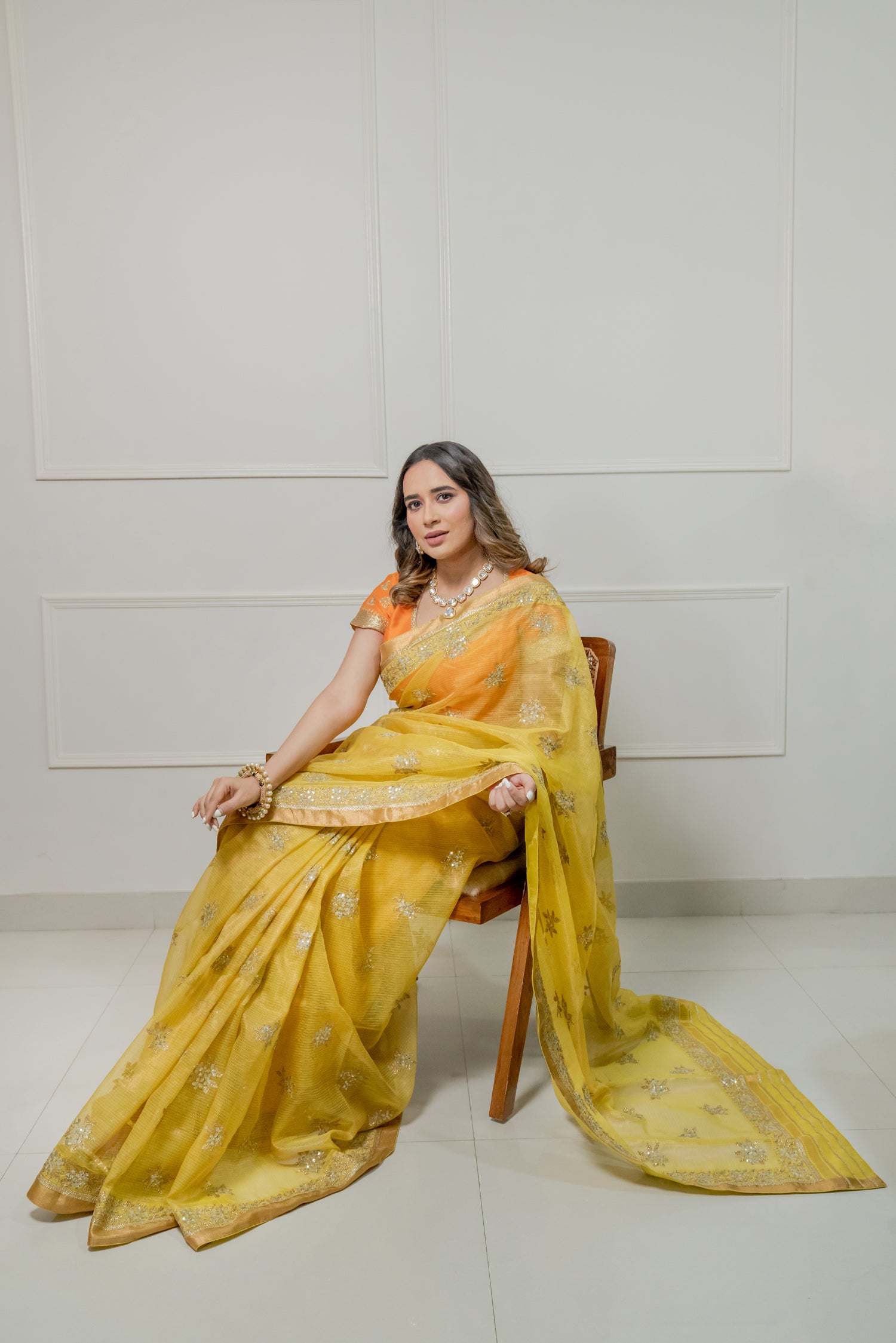 Kota Tissue Silver Lily Flower Border with Buti Saree
