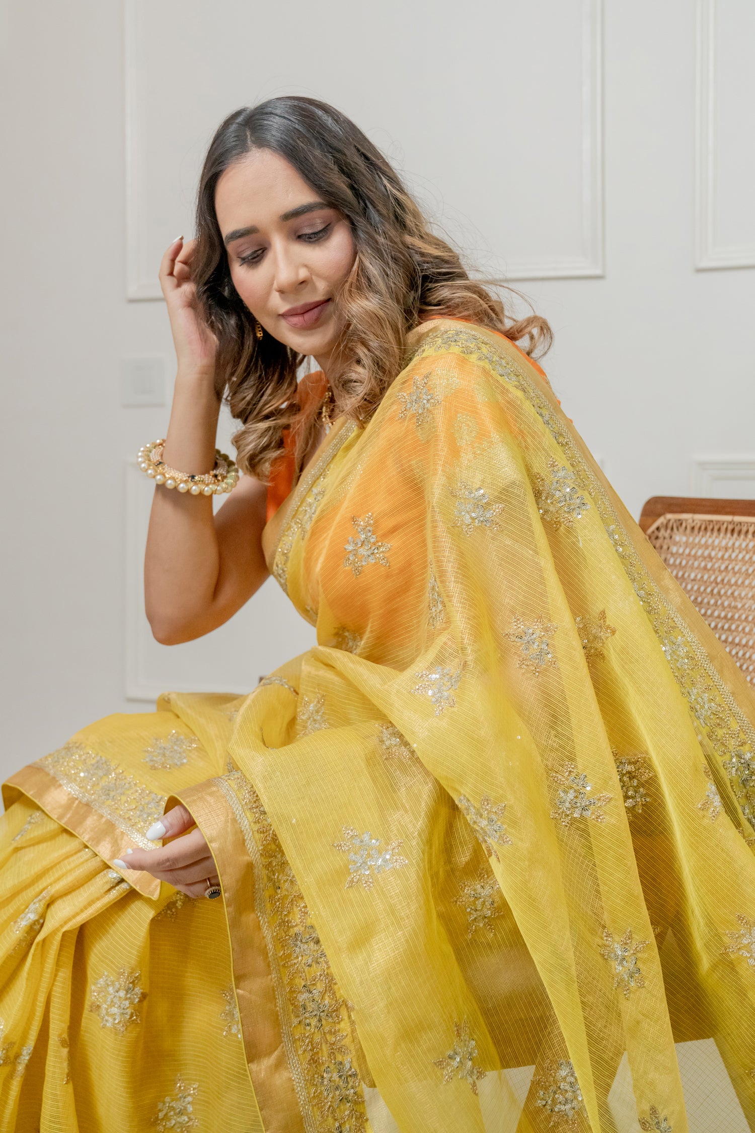 Kota Tissue Silver Lily Flower Border with Buti Saree