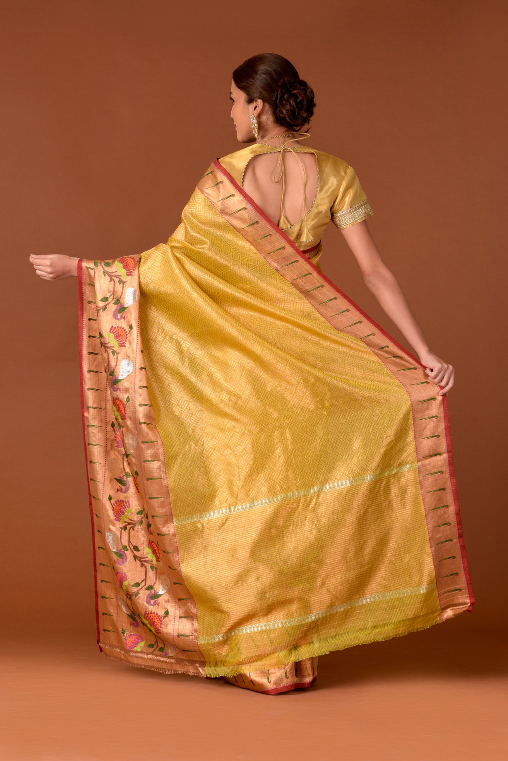 Kota Tissue Saree – Yellow | Jamewaar Big Paithani Border with Multicolour Floral Vine Weave | Gold Zari Body | Handwoven Luxury Festive Saree
