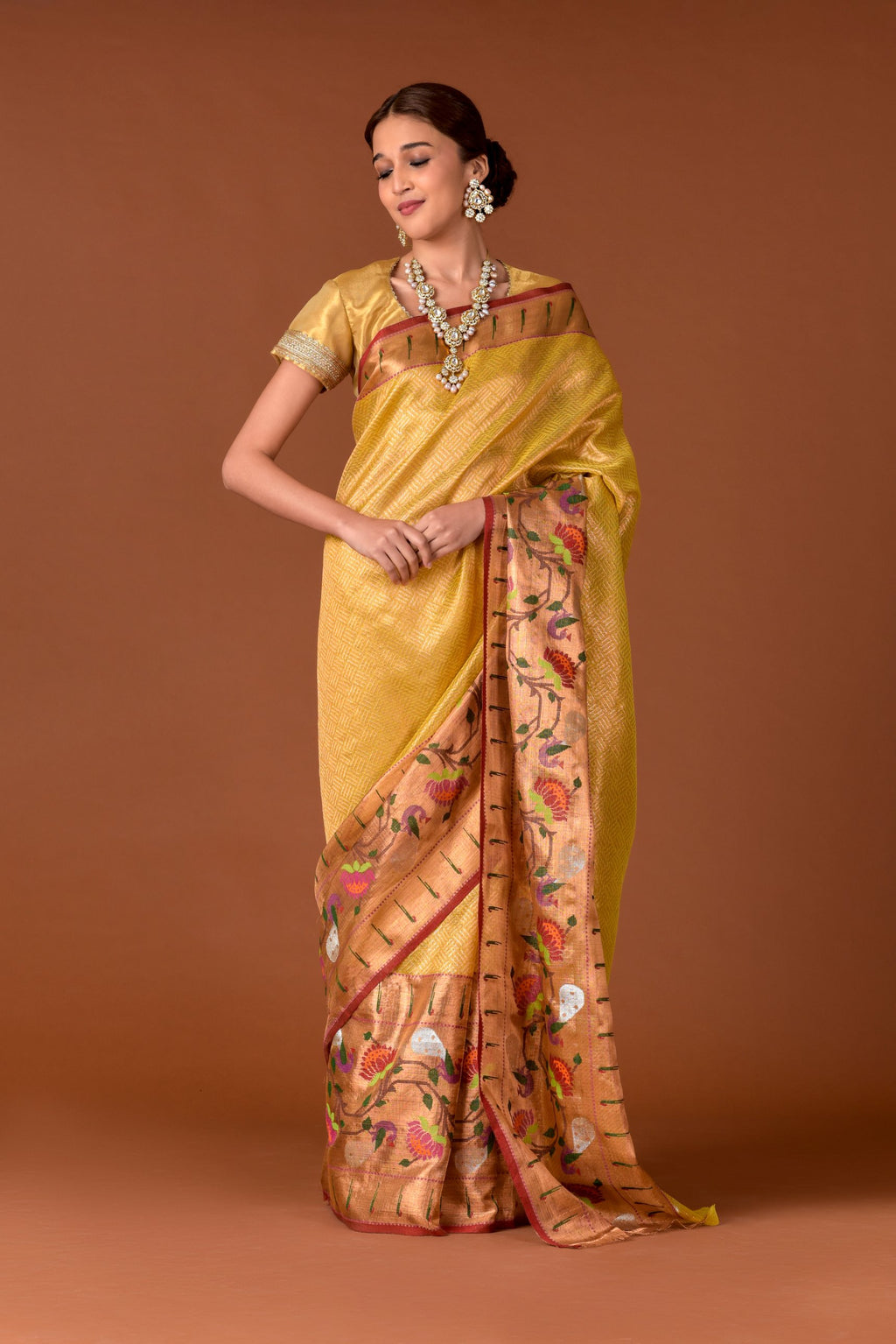 Kota Tissue Saree – Yellow | Jamewaar Big Paithani Border with Multicolour Floral Vine Weave | Gold Zari Body | Handwoven Luxury Festive Saree