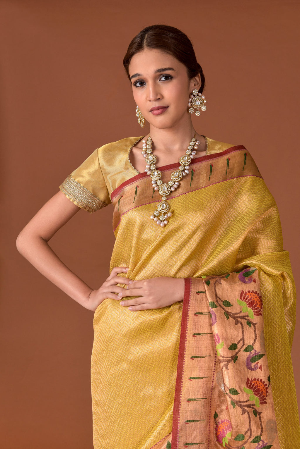 Kota Tissue Saree – Yellow | Jamewaar Big Paithani Border with Multicolour Floral Vine Weave | Gold Zari Body | Handwoven Luxury Festive Saree