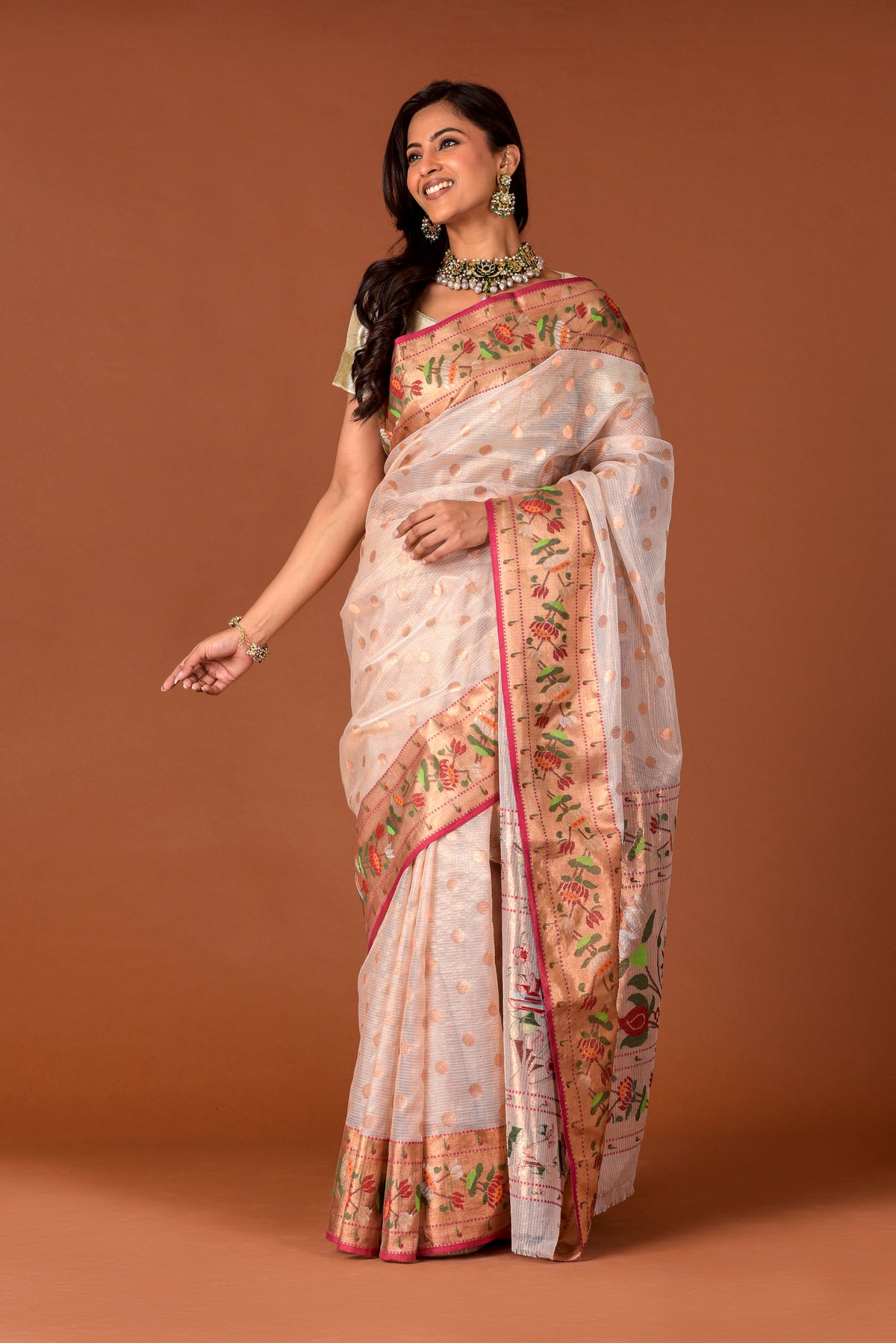 Kota Tissue Saree – Ivory | All-Over Gold Round Booti with Small Paithani Multicolour Floral Border | Handwoven Luxury Festive Saree