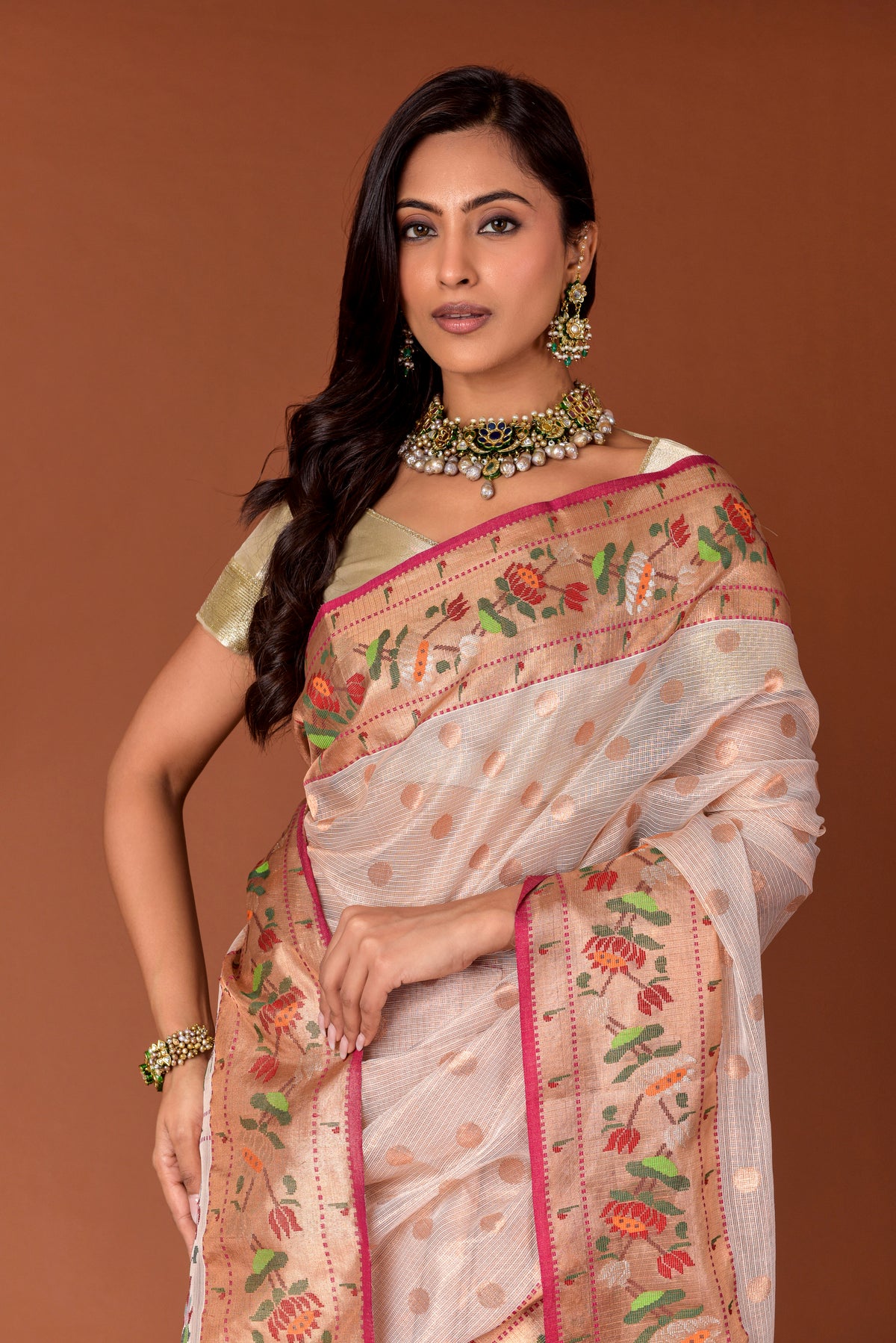 Kota Tissue Saree – Ivory | All-Over Gold Round Booti with Small Paithani Multicolour Floral Border | Handwoven Luxury Festive Saree