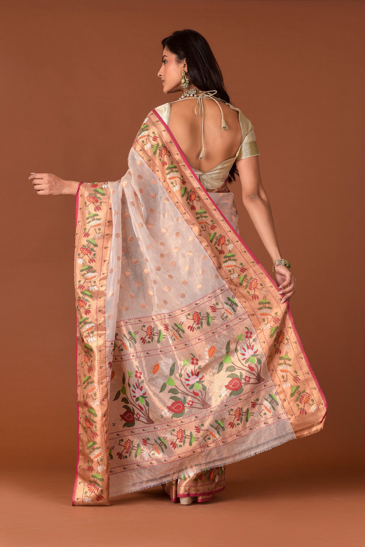 Kota Tissue Saree – Ivory | All-Over Gold Round Booti with Small Paithani Multicolour Floral Border | Handwoven Luxury Festive Saree