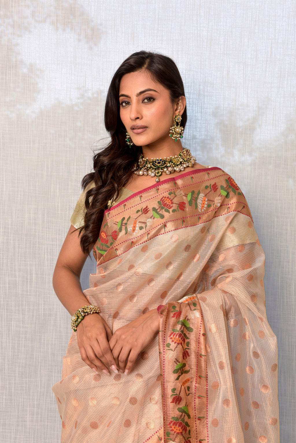 Kota Tissue Saree – Ivory | All-Over Gold Round Booti with Small Paithani Multicolour Floral Border | Handwoven Luxury Festive Saree