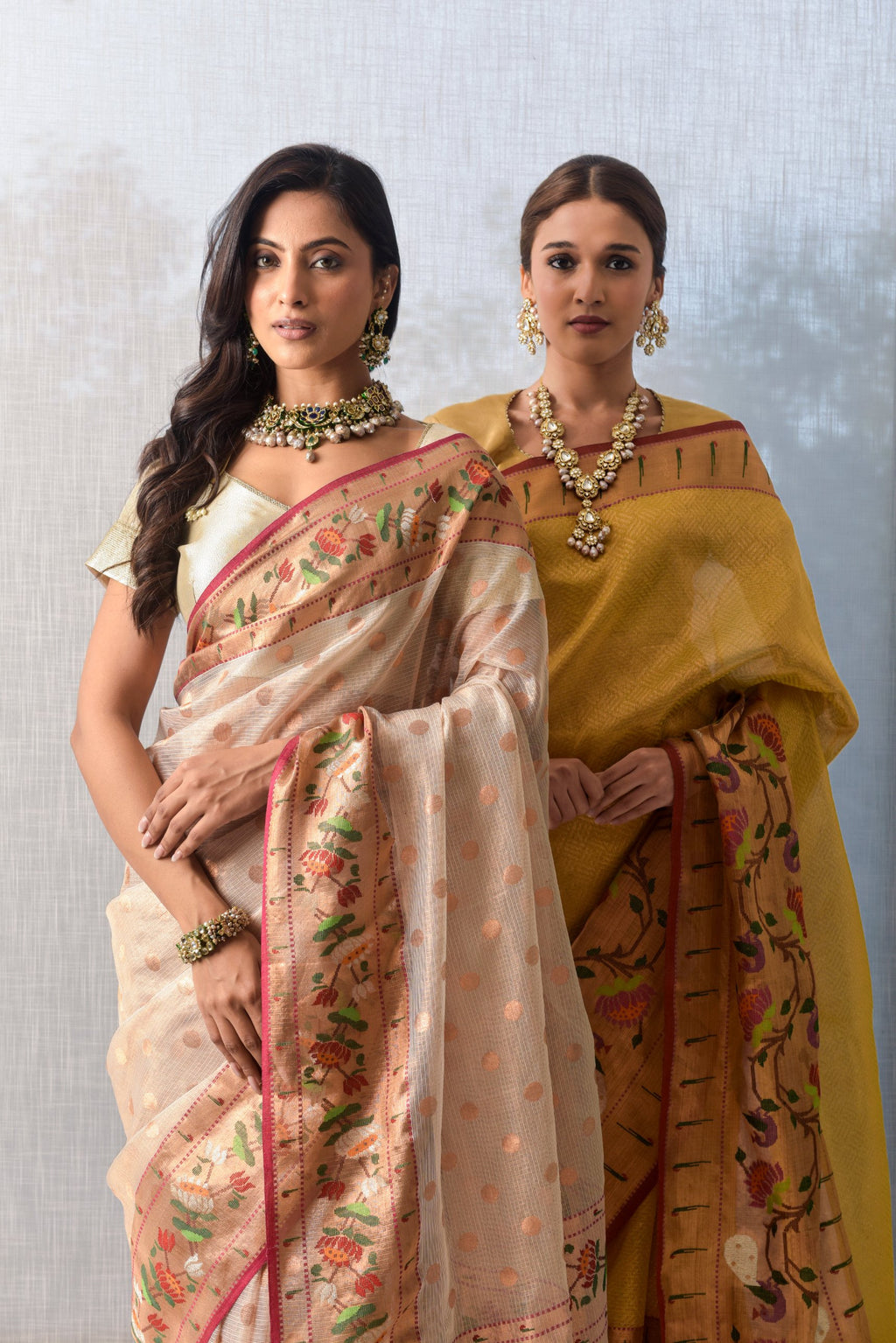 Kota Tissue Saree – Ivory | All-Over Gold Round Booti with Small Paithani Multicolour Floral Border | Handwoven Luxury Festive Saree