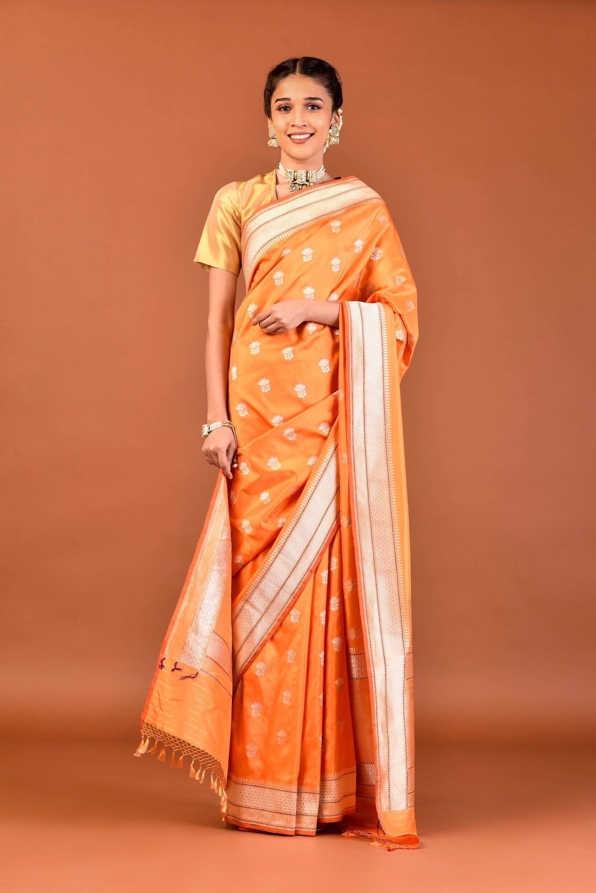 Banaras Katan Silk Lotus Buti Silver Gold Saree - Orange