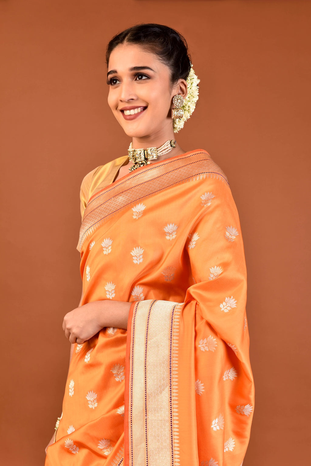 Banaras Katan Silk Lotus Buti Silver Gold Saree - Orange
