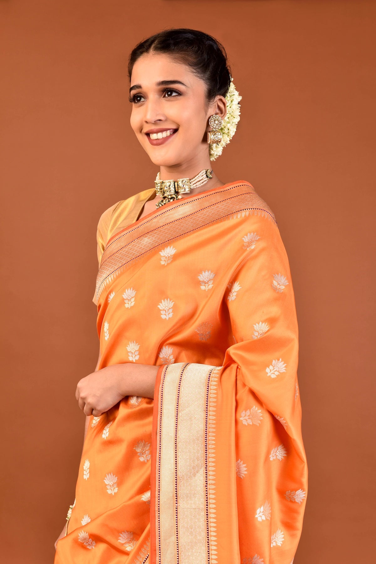 Banaras Katan Silk Lotus Buti Silver Gold Saree - Orange