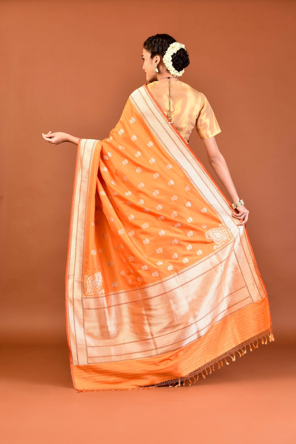 Banaras Katan Silk Lotus Buti Silver Gold Saree - Orange