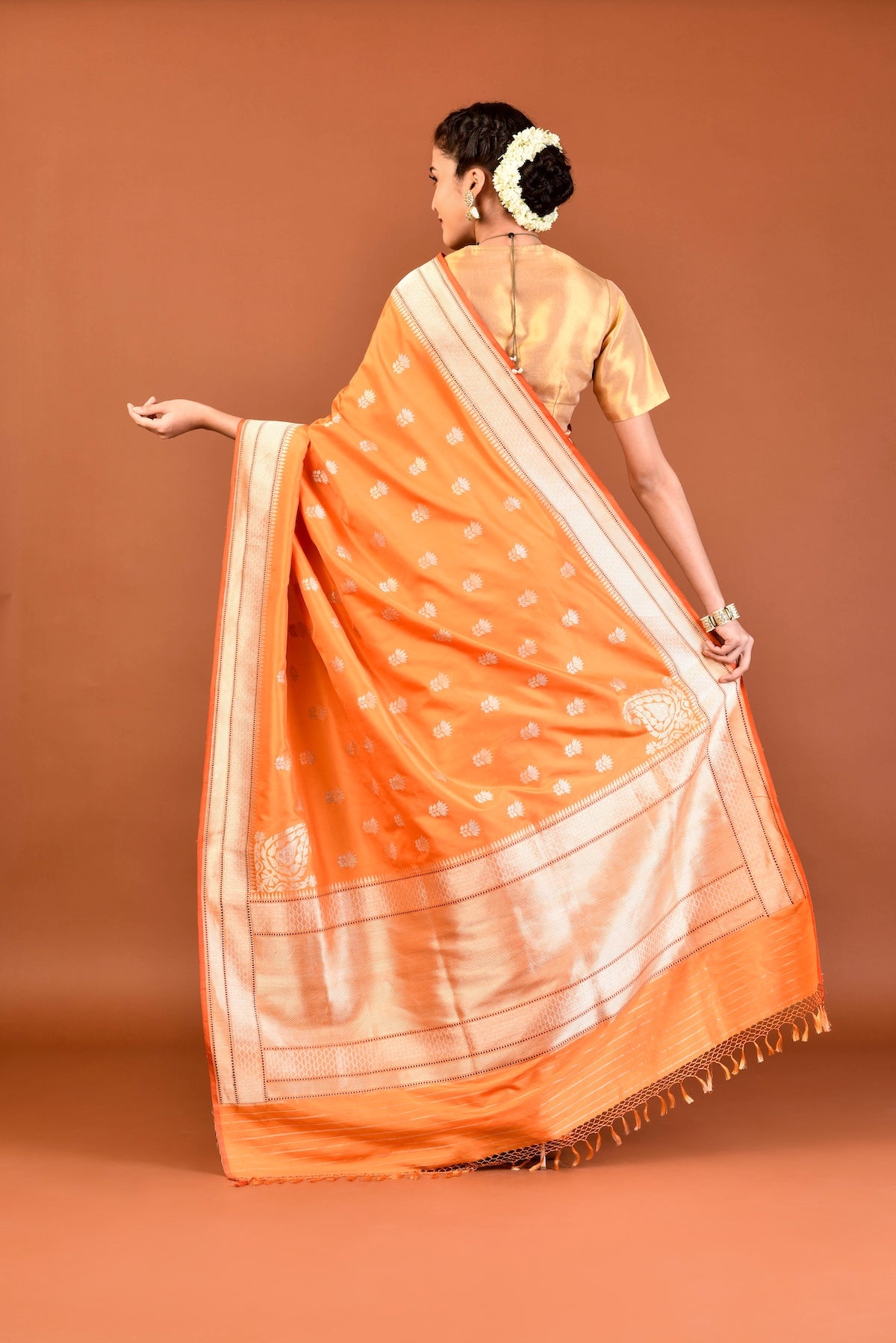 Banaras Katan Silk Lotus Buti Silver Gold Saree - Orange