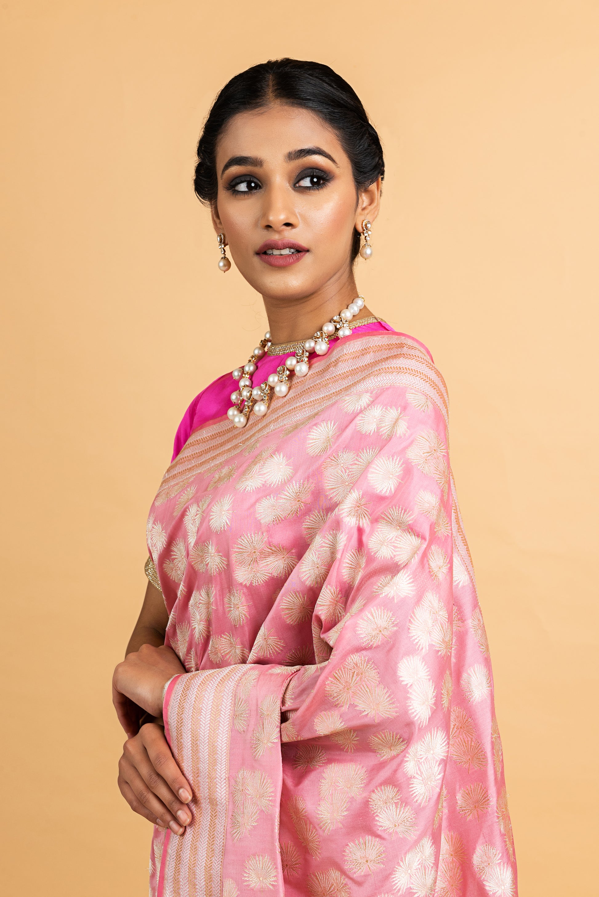 Banarasi Silk Forest Palm Leaf Motif Pink Saree