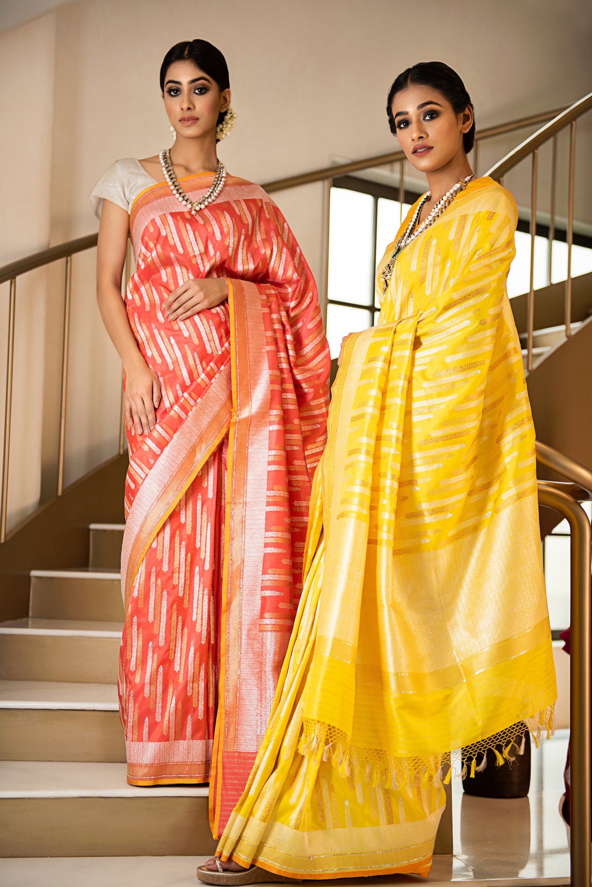 Banarasi Katan Silk Silver and Gold Chhadi Fern Yellow Saree