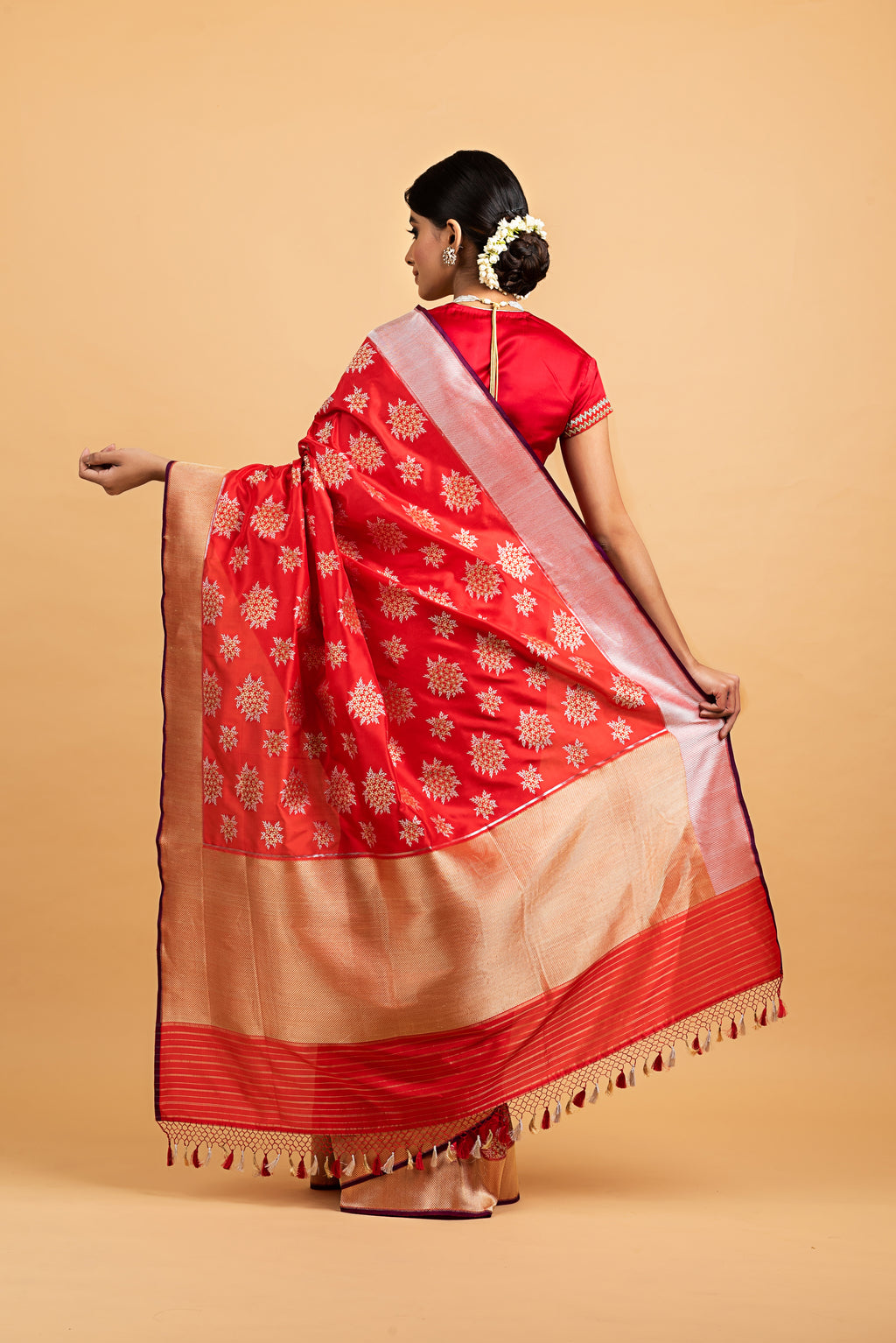 Banarasi Katan Silk Cluster Motif Silver and Gold Red Saree