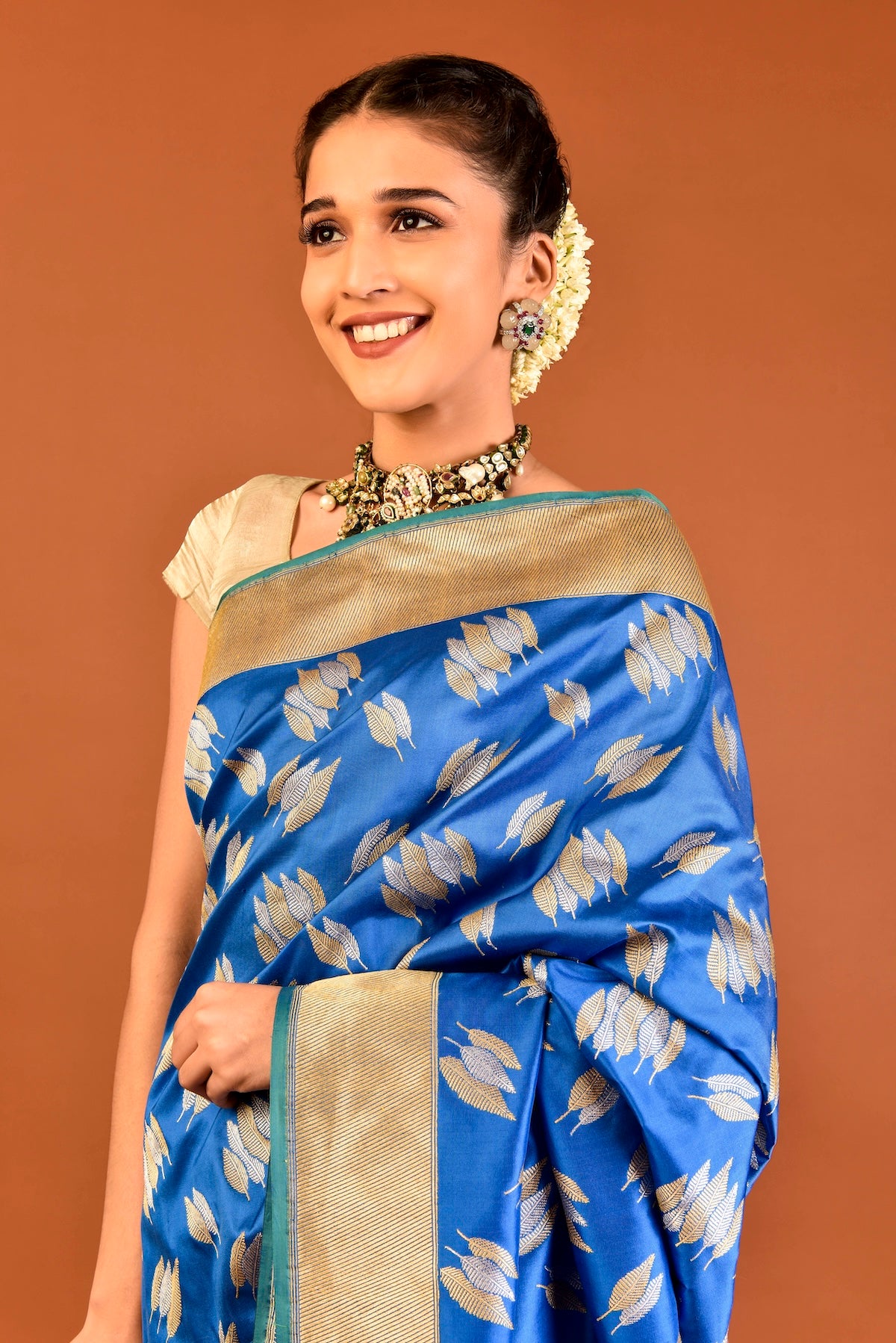 Banaras Katan Silk Heena Leaves Saree – Blue