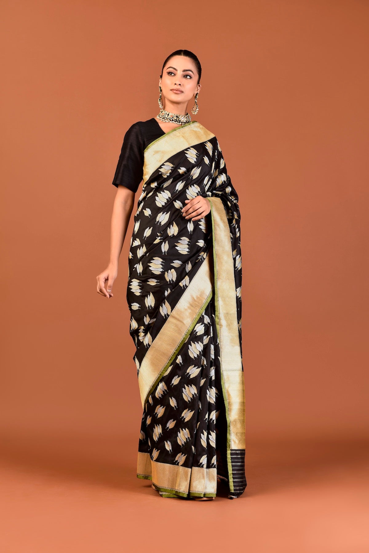 Banaras Katan Silk Heena Leaves Saree – Black