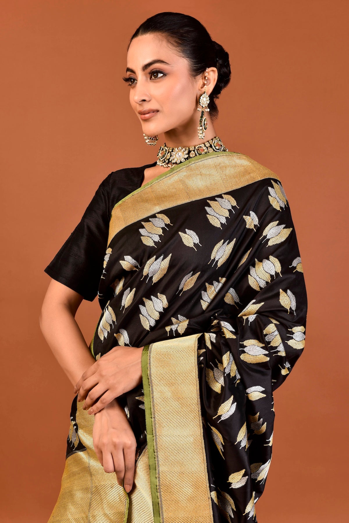Banaras Katan Silk Heena Leaves Saree – Black