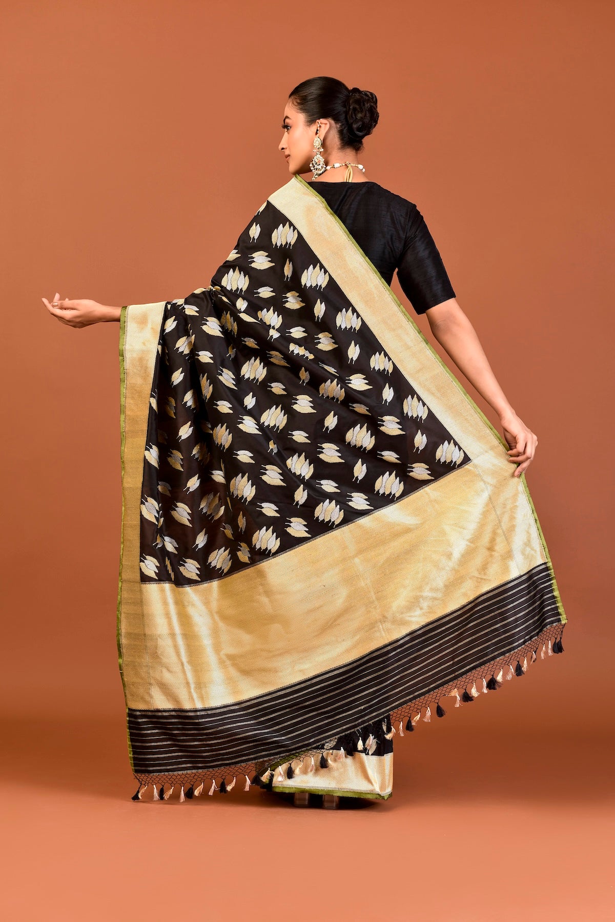 Banaras Katan Silk Heena Leaves Saree – Black