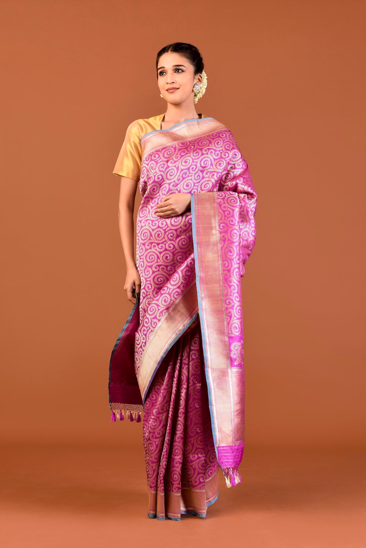 Banaras Katan Silk Leaf Jaal Saree – Rani Pink