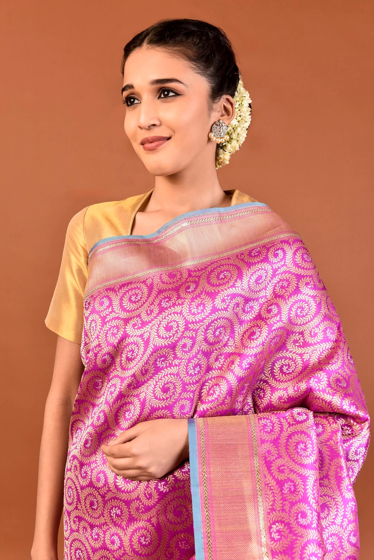 Banaras Katan Silk Leaf Jaal Saree – Rani Pink