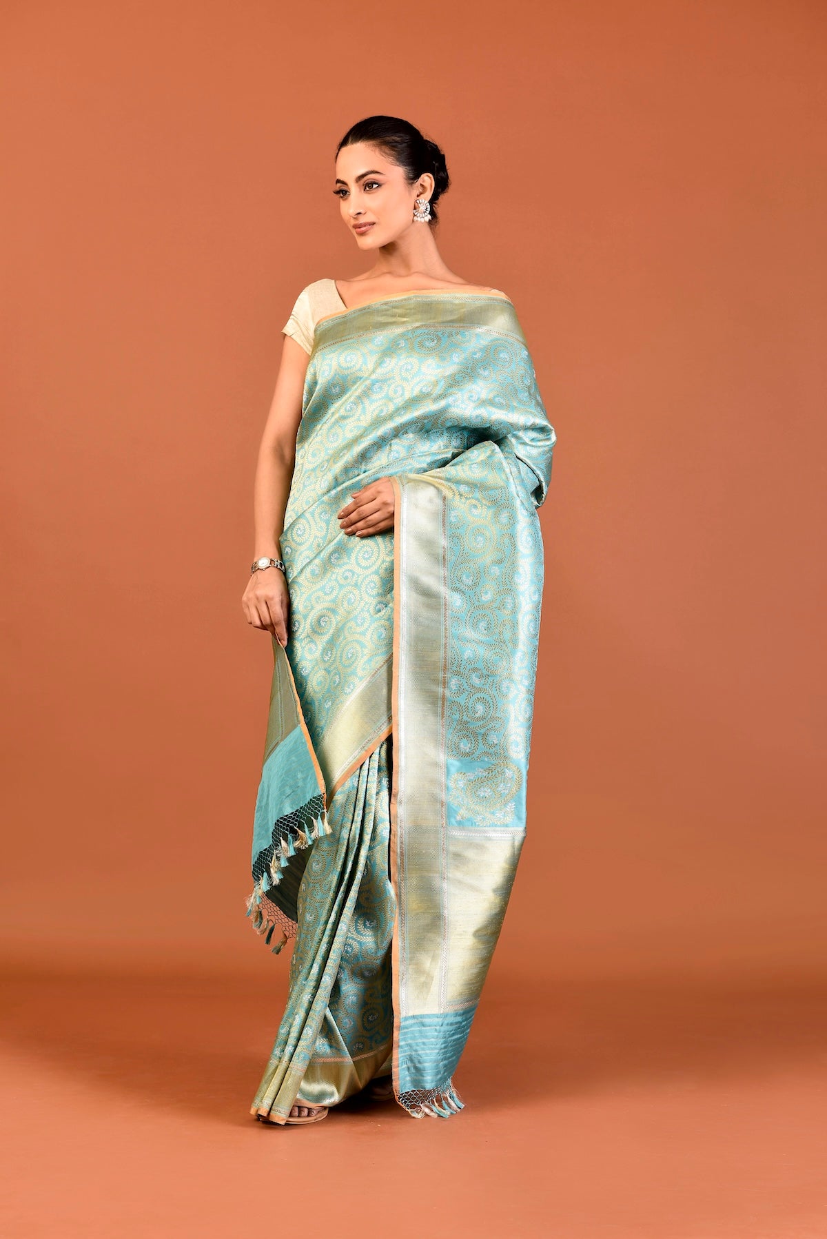Banaras Katan Silk Leaf Jaal Saree – Aqua