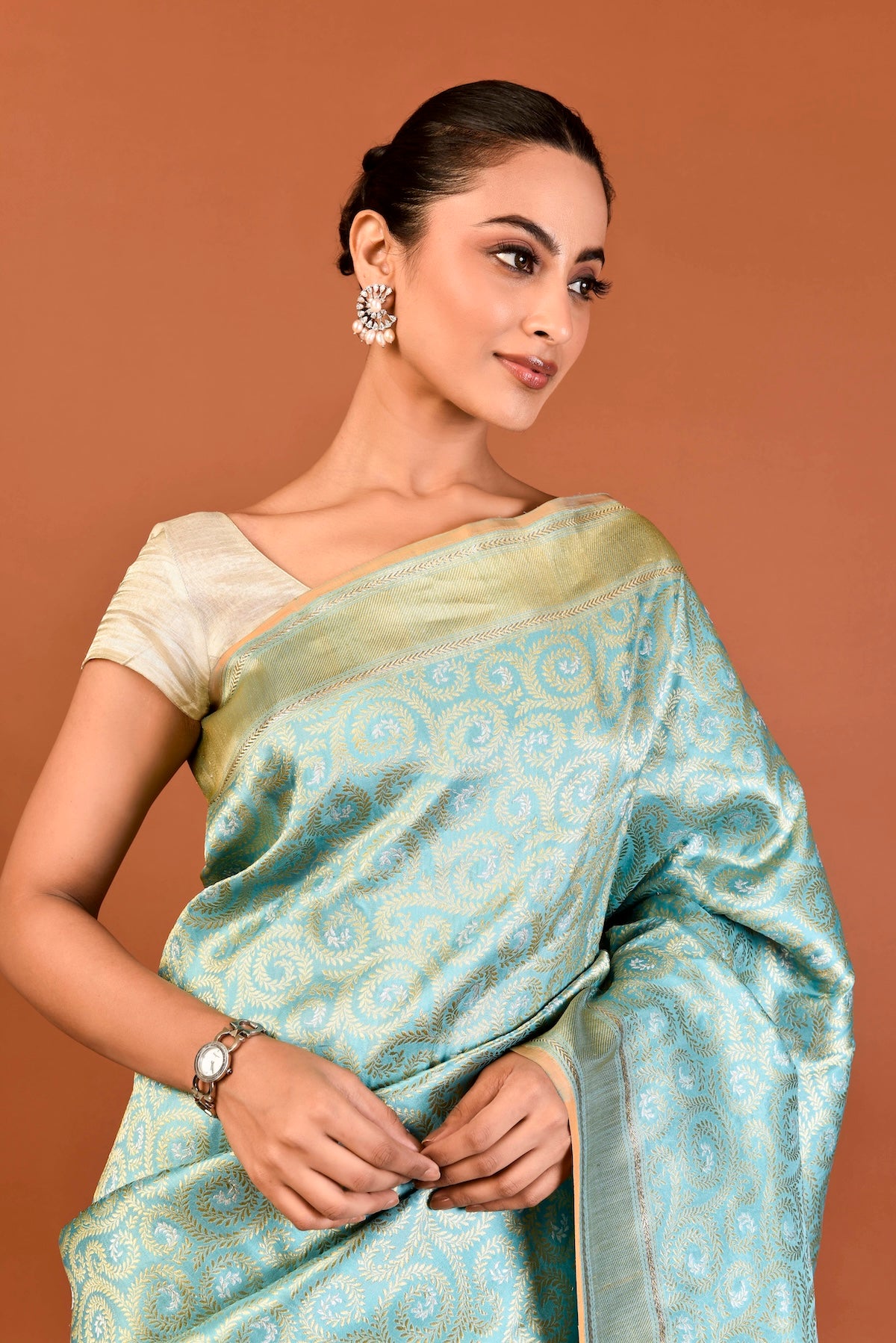 Banaras Katan Silk Leaf Jaal Saree – Aqua