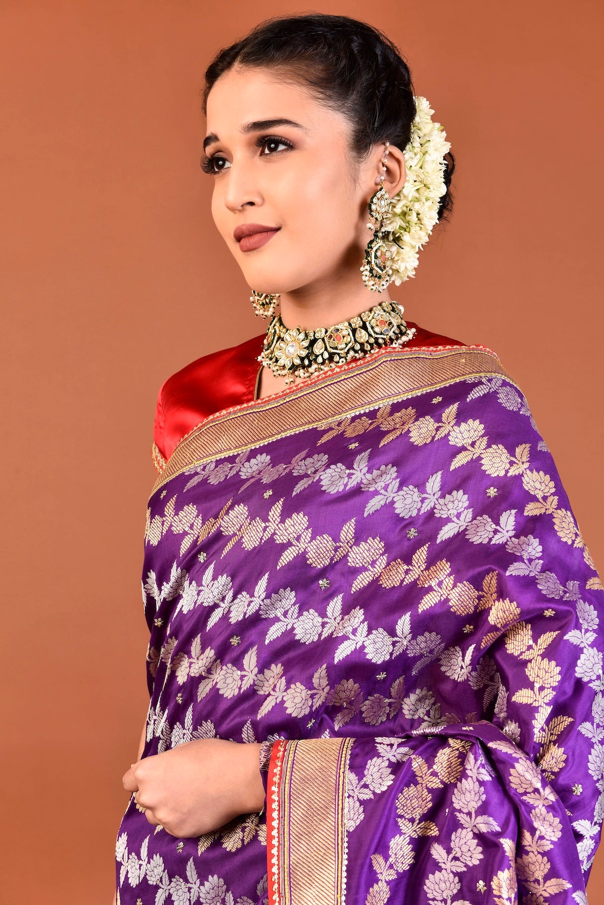 Banaras Katan Silk Diagonal Sequin Beil Saree – Purple