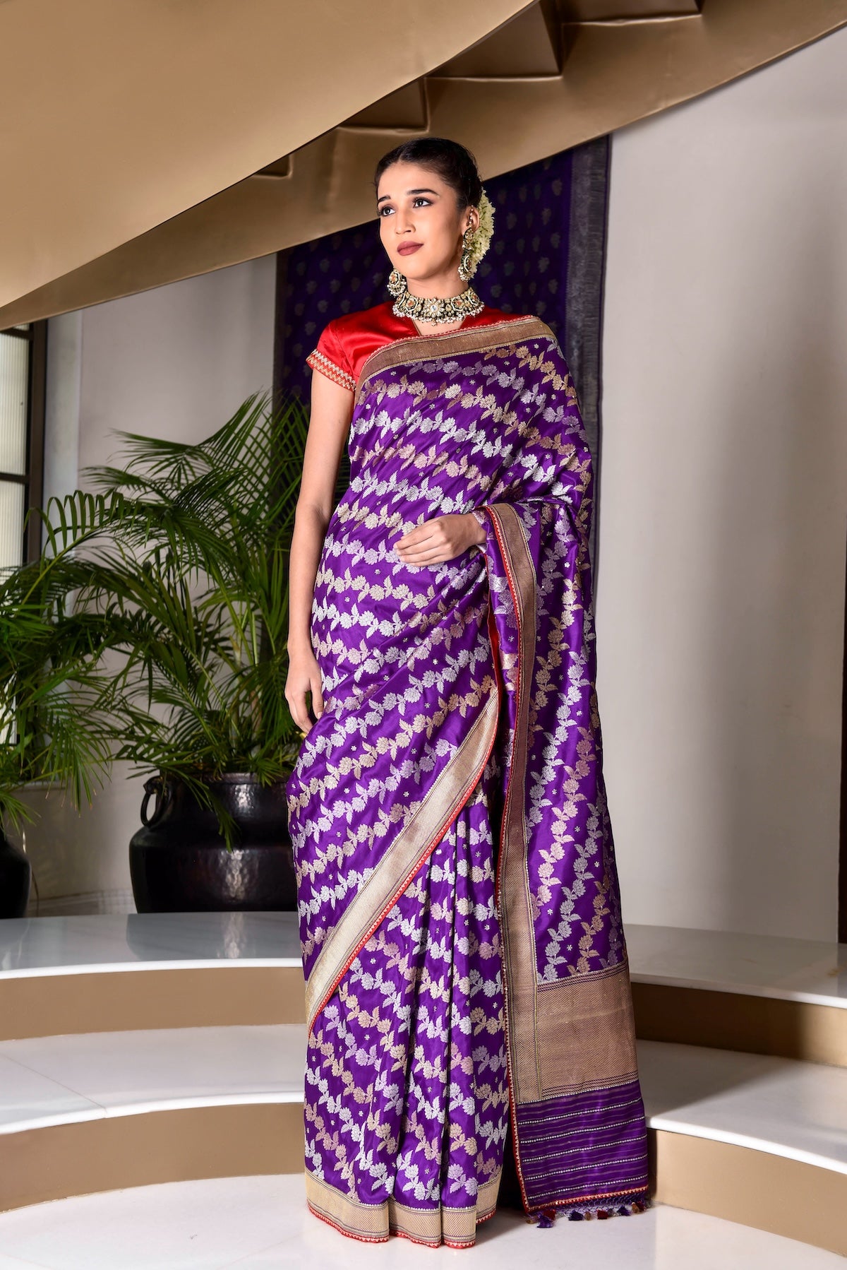 Banaras Katan Silk Diagonal Sequin Beil Saree – Purple