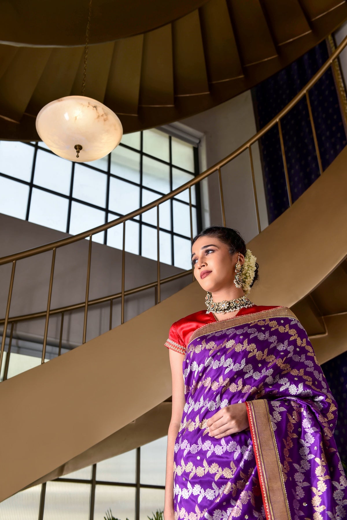 Banaras Katan Silk Diagonal Sequin Beil Saree – Purple