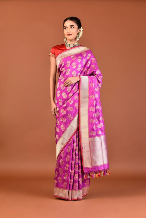 Banaras Katan Silk Dancing Blossom Saree – Magenta