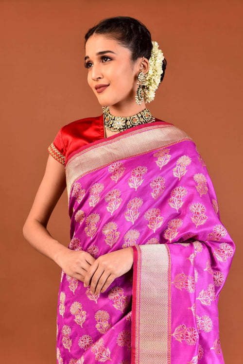 Banaras Katan Silk Dancing Blossom Saree – Magenta