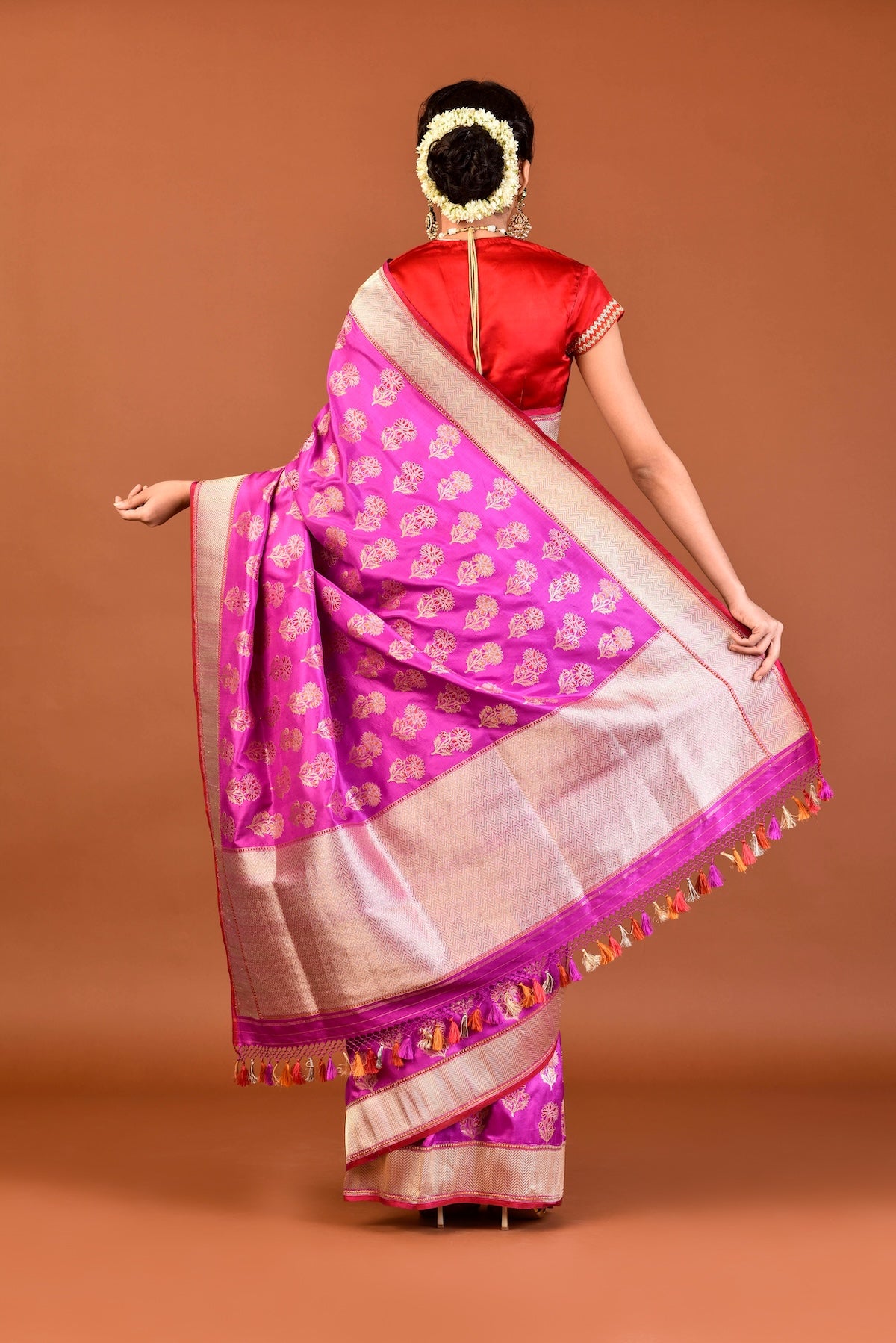 Banaras Katan Silk Dancing Blossom Saree – Magenta