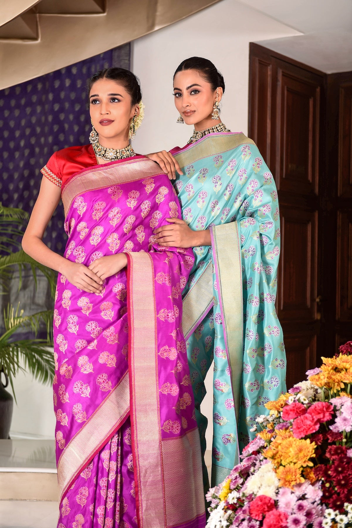 Banaras Katan Silk Dancing Blossom Saree – Magenta