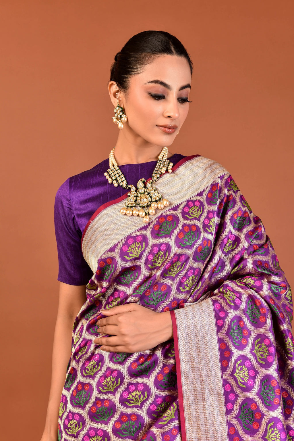 Banaras Katan Silk Bunch of Flower Saree – Purple