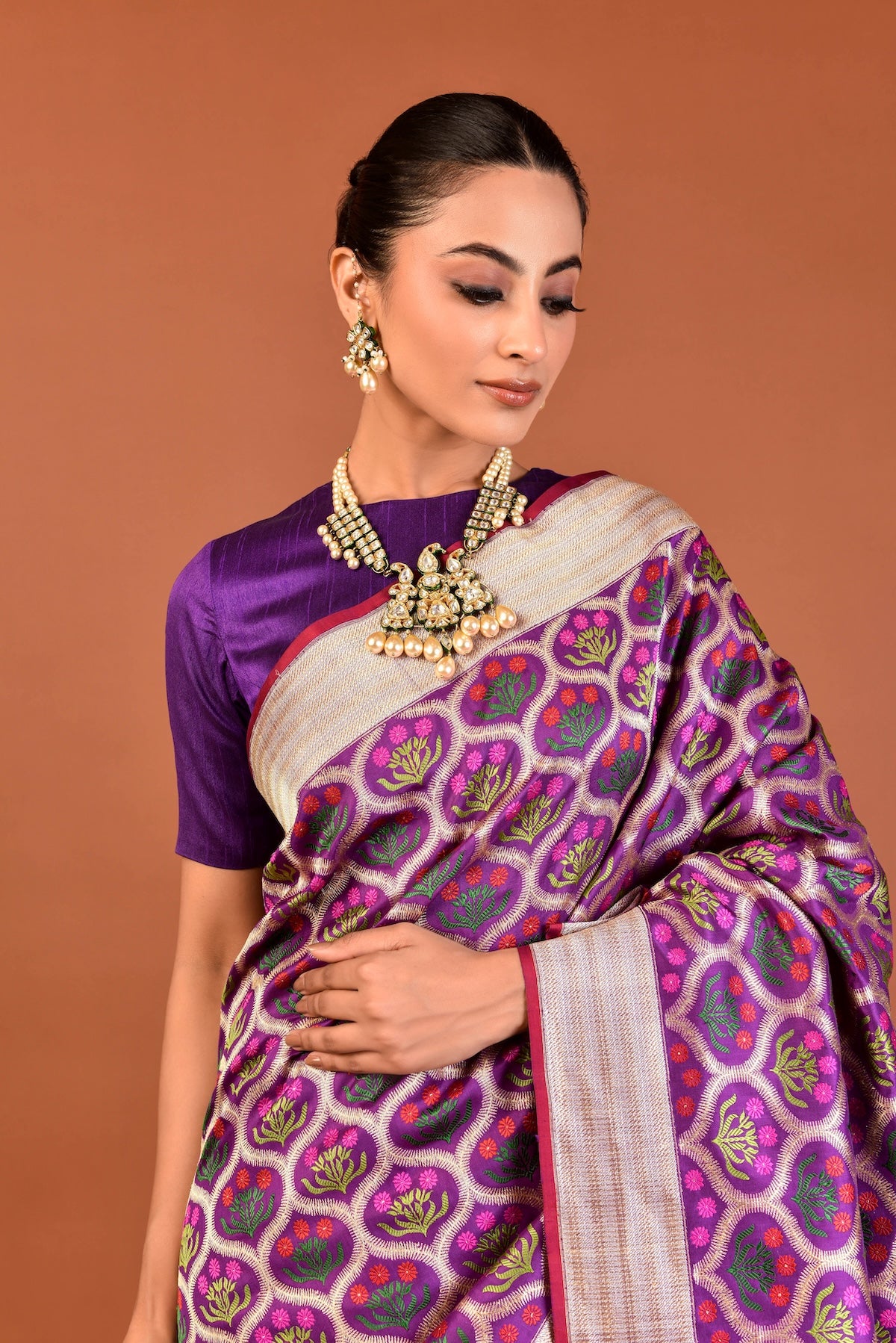 Banaras Katan Silk Bunch of Flower Saree – Purple