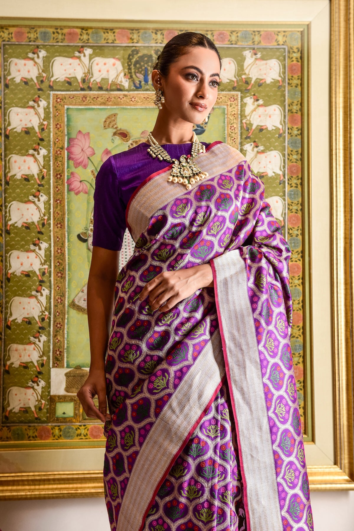 Banaras Katan Silk Bunch of Flower Saree – Purple