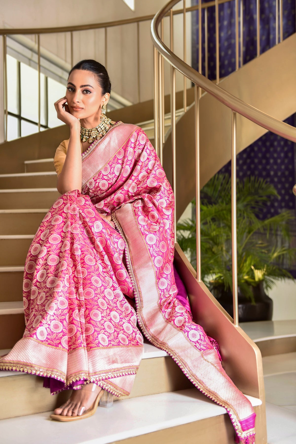 Banaras Katan Silk Marigold Jaal Tab Embroidery Saree – Rani Pink