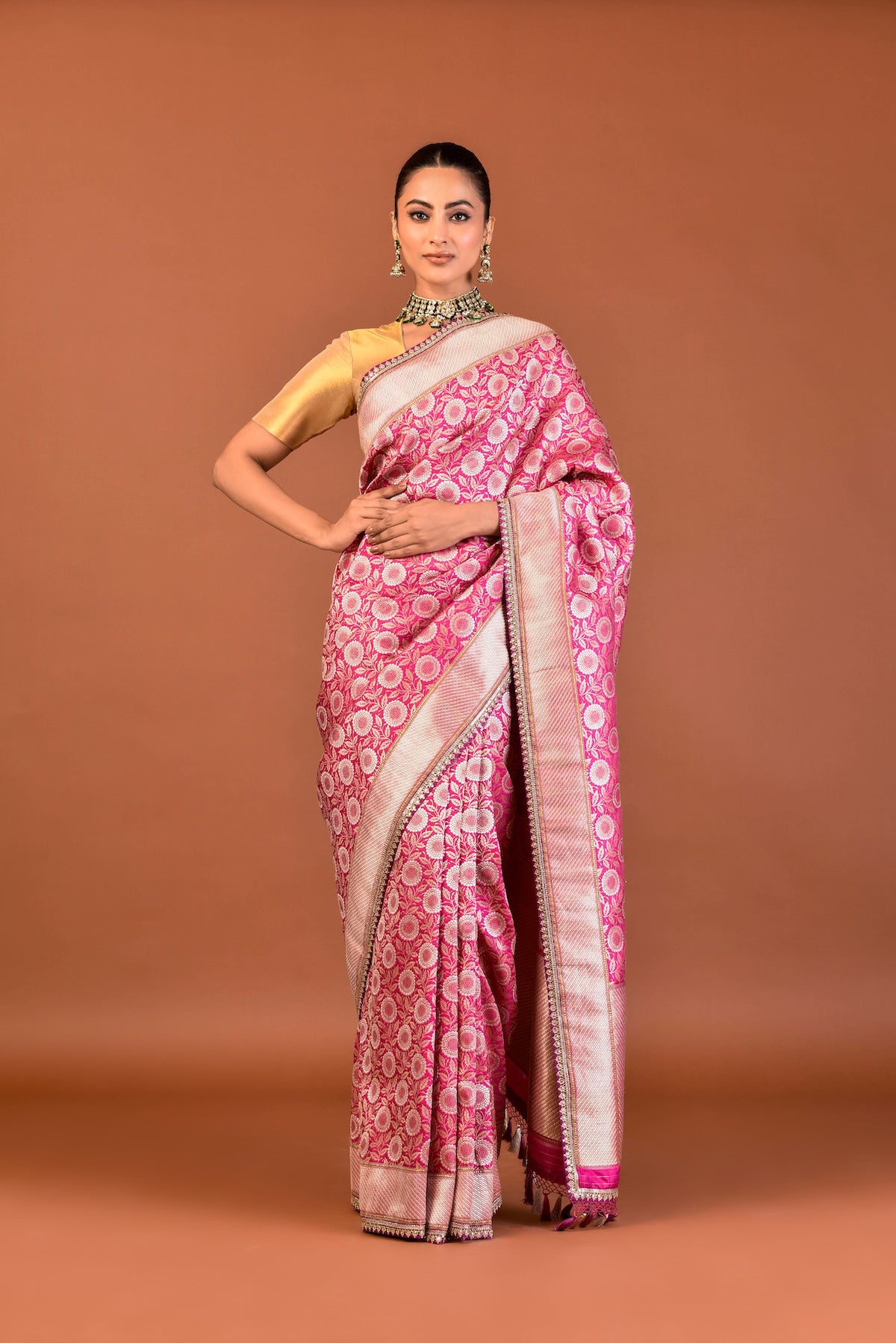 Banaras Katan Silk Marigold Jaal Tab Embroidery Saree – Rani Pink