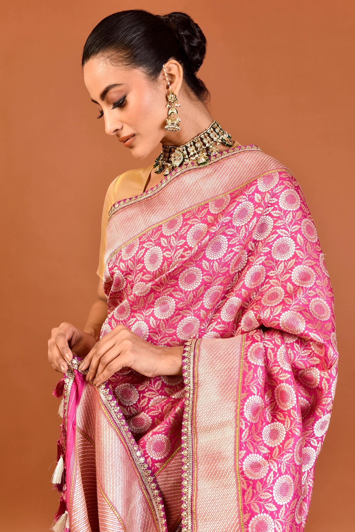 Banaras Katan Silk Marigold Jaal Tab Embroidery Saree – Rani Pink