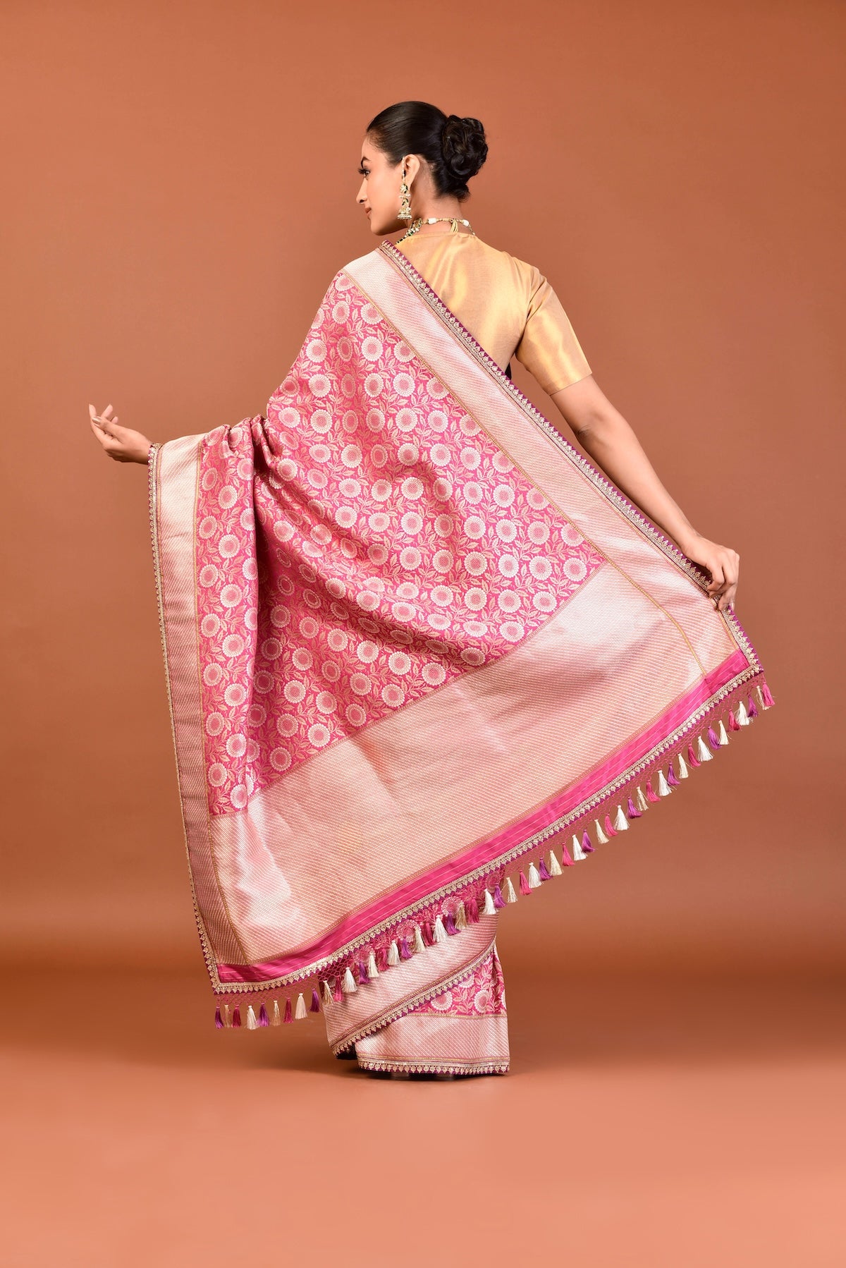 Banaras Katan Silk Marigold Jaal Tab Embroidery Saree – Rani Pink