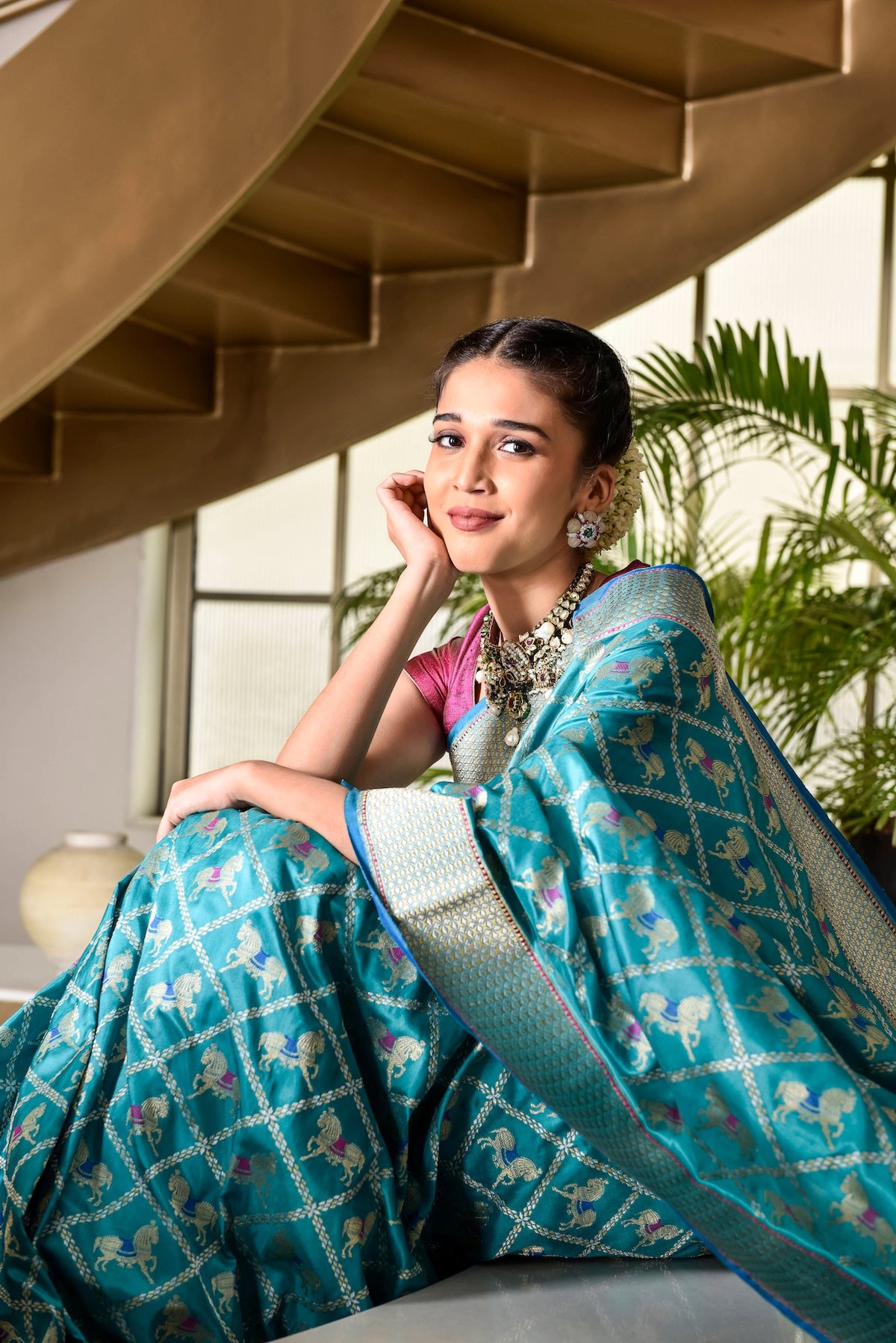 Banaras Katan Silk Chetak Jaal Saree – Aqua