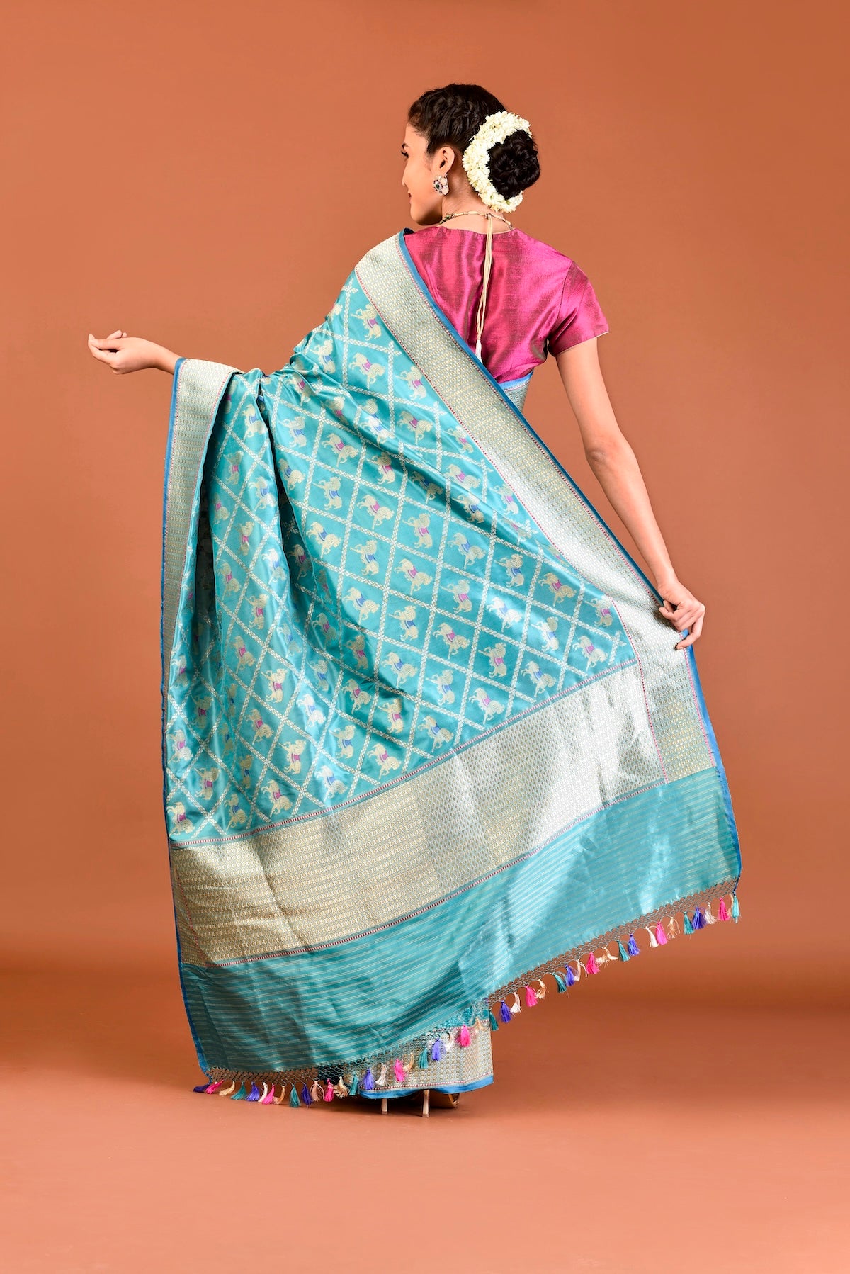 Banaras Katan Silk Chetak Jaal Saree – Aqua